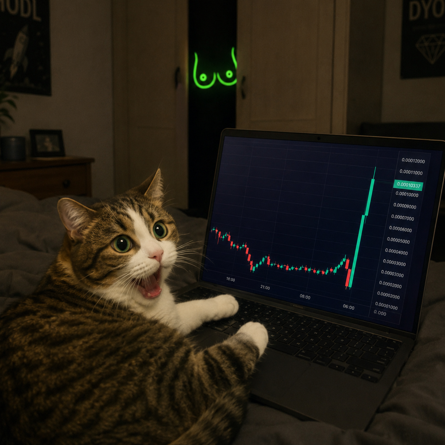 Shocked cat looking at a pumping candle chart on a laptop with a neon liquititty sign in the background