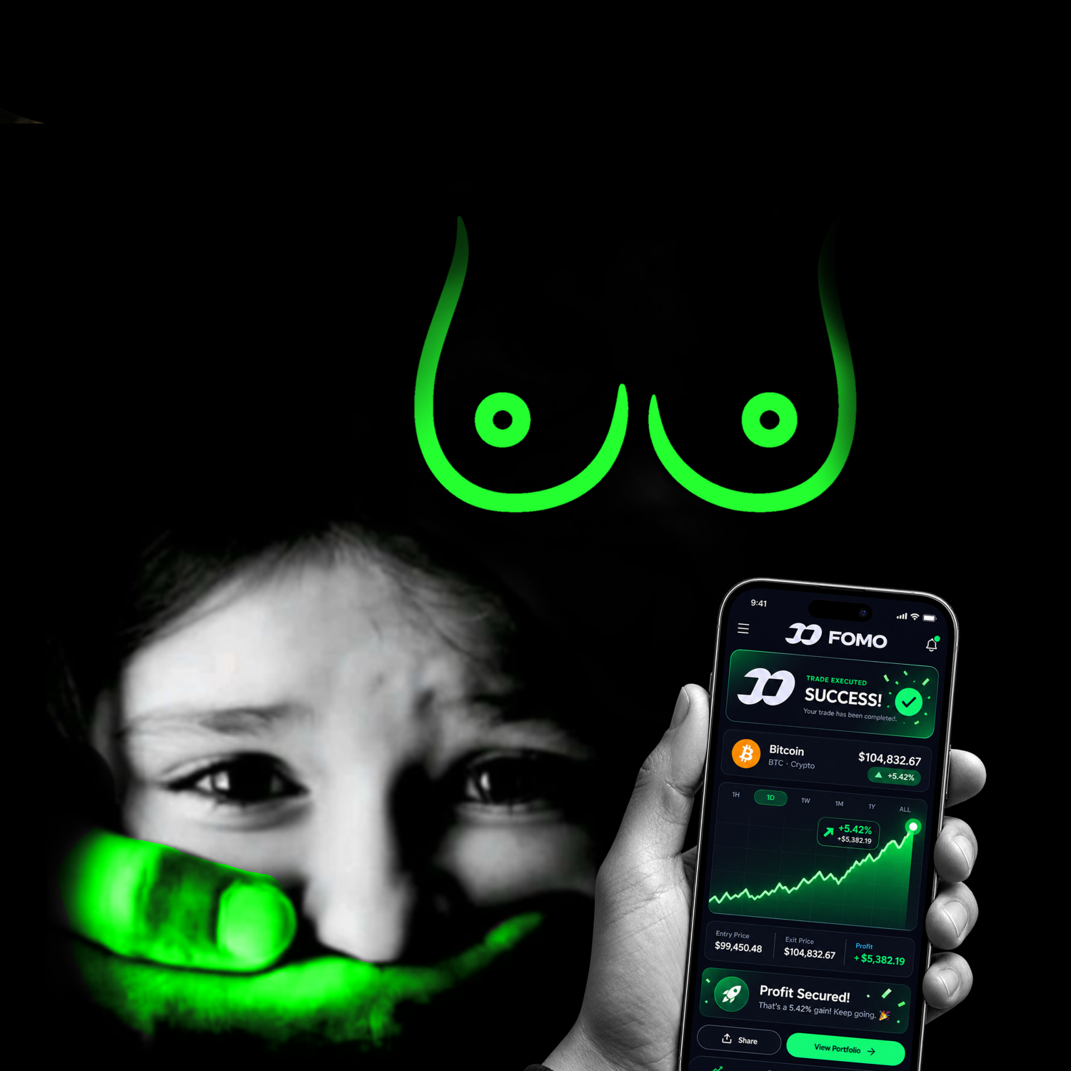 Hand holding a phone with a FOMO trading app showing profit, under a glowing neon liquititty logo