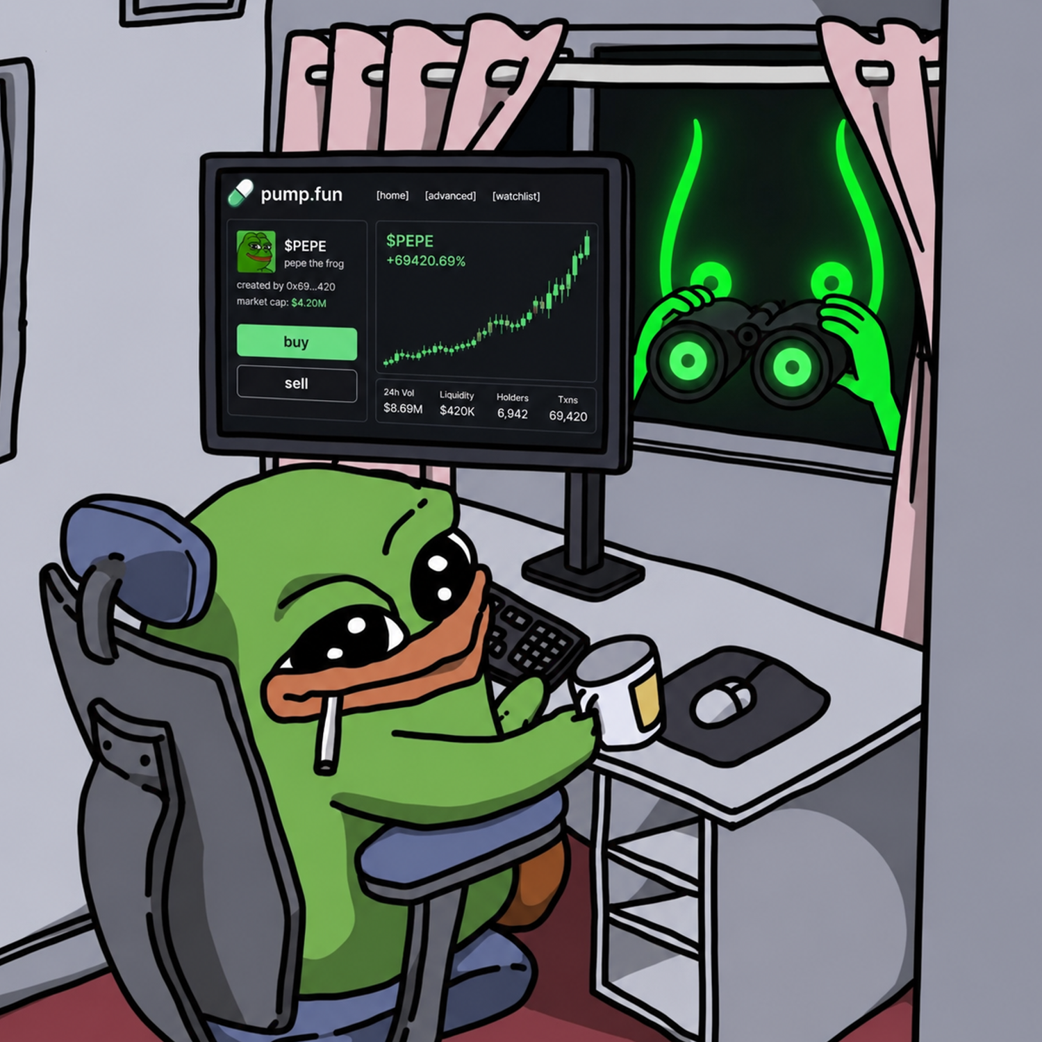 Pepe the frog trading $PEPE on pump.fun while a neon liquititty figure peeks through the window with binoculars