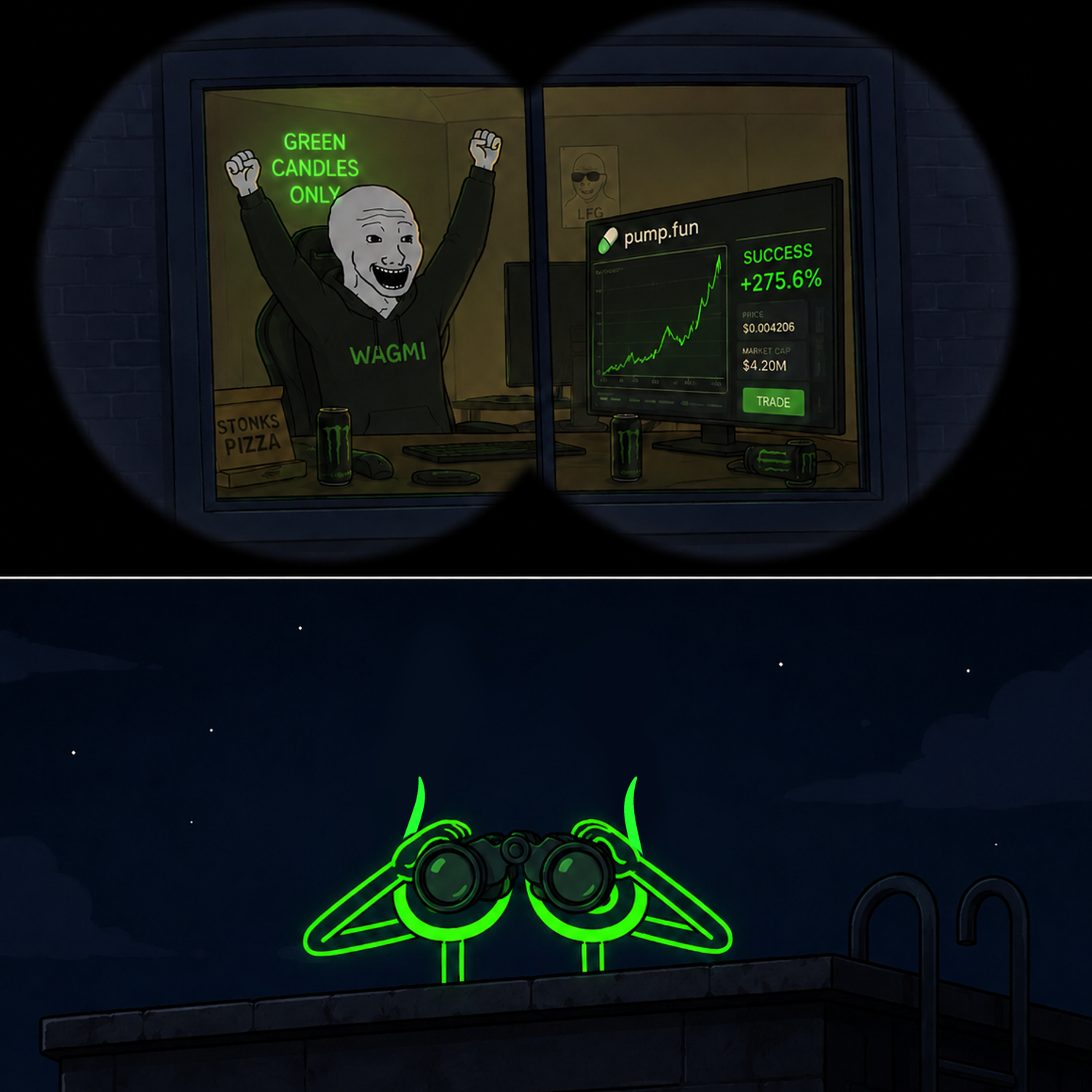 Wojak in a WAGMI hoodie celebrating green candles on pump.fun, watched through neon liquititty binoculars