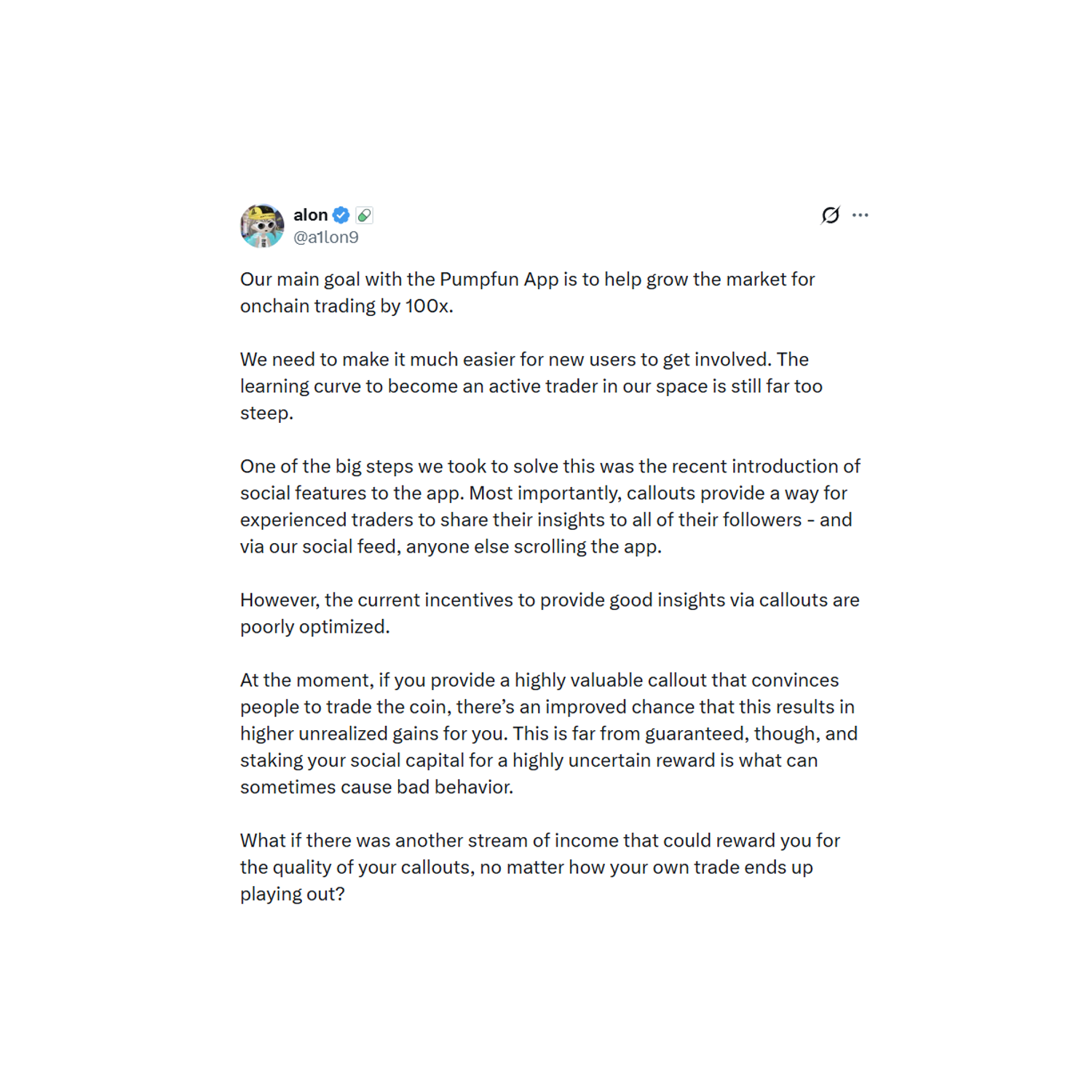 Tweet by alon (@a1lon9) about growing the market for onchain trading by 100x with the Pumpfun App.